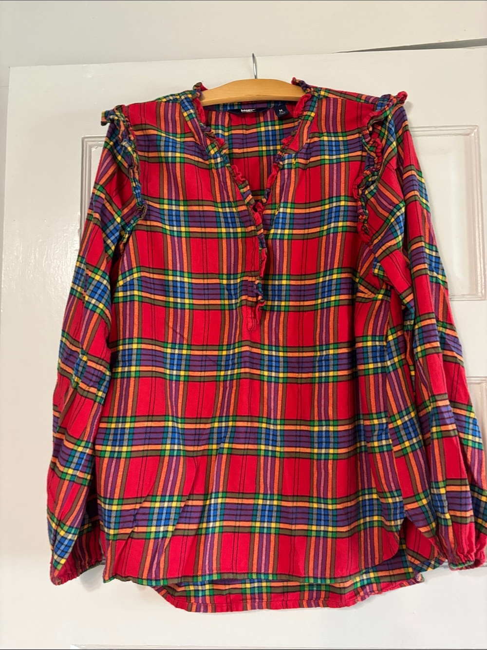 Lands' End Red Plaid Ruffle-Trim Tunic Top